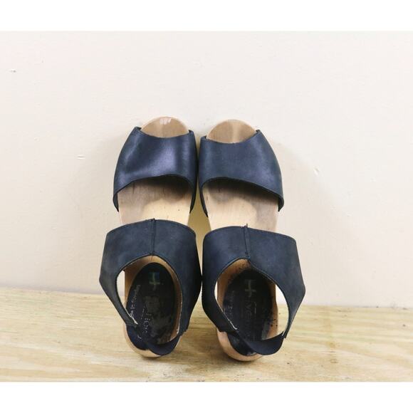 Moheda Sweden Victoria Clogs 8.5 Black Leather Wooden Peep Toe Heeled Sandals - Picture 5 of 11